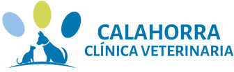 Logo for Calahorra Clínica Veterinaria featuring blue silhouettes of a dog and a cat sitting together, with three colored ovals above them and the clinic name in blue text on the right.